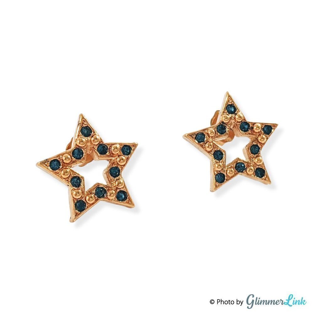 Vintage Avon Sparkle Star Gold Tone & Blue Rhinestones Earrings